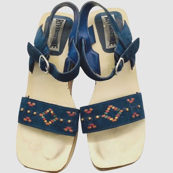 RIVERSTONE 90s does 70s Y2K Wooden Platform Cut-Out Wedge Sandals Embellished - Picture 4 of 9